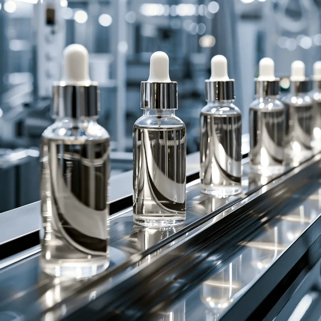 Serum bottles on a filling line